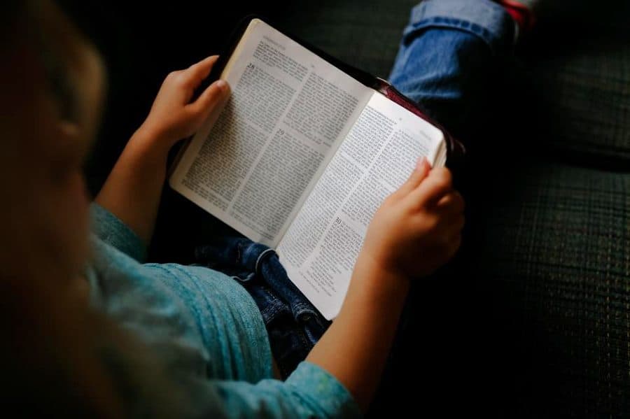 Elinde açık bir kitap tutan çocuk